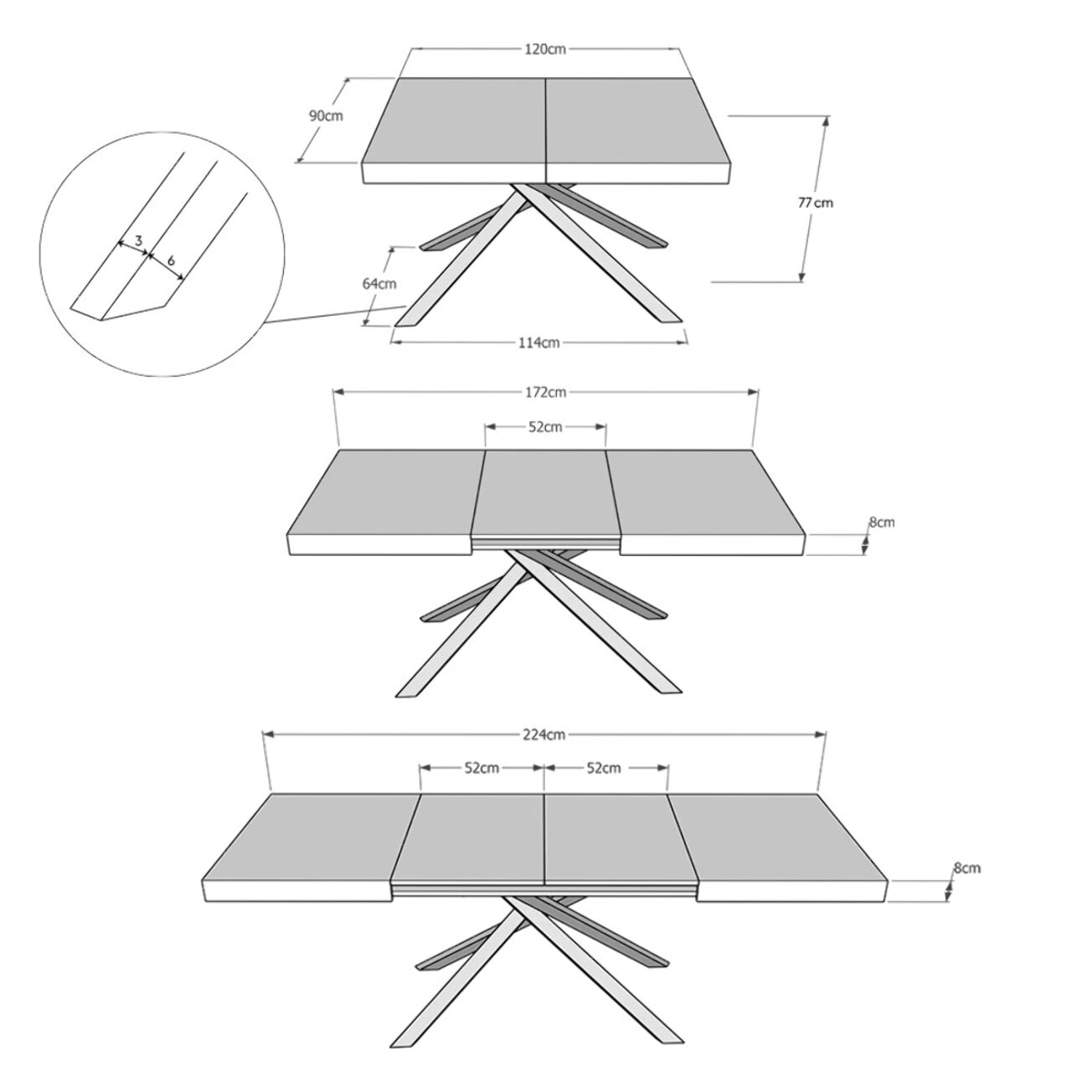 Mesa extensible 120x90/224 cm Karida Fresno Blanco estructura Antracita