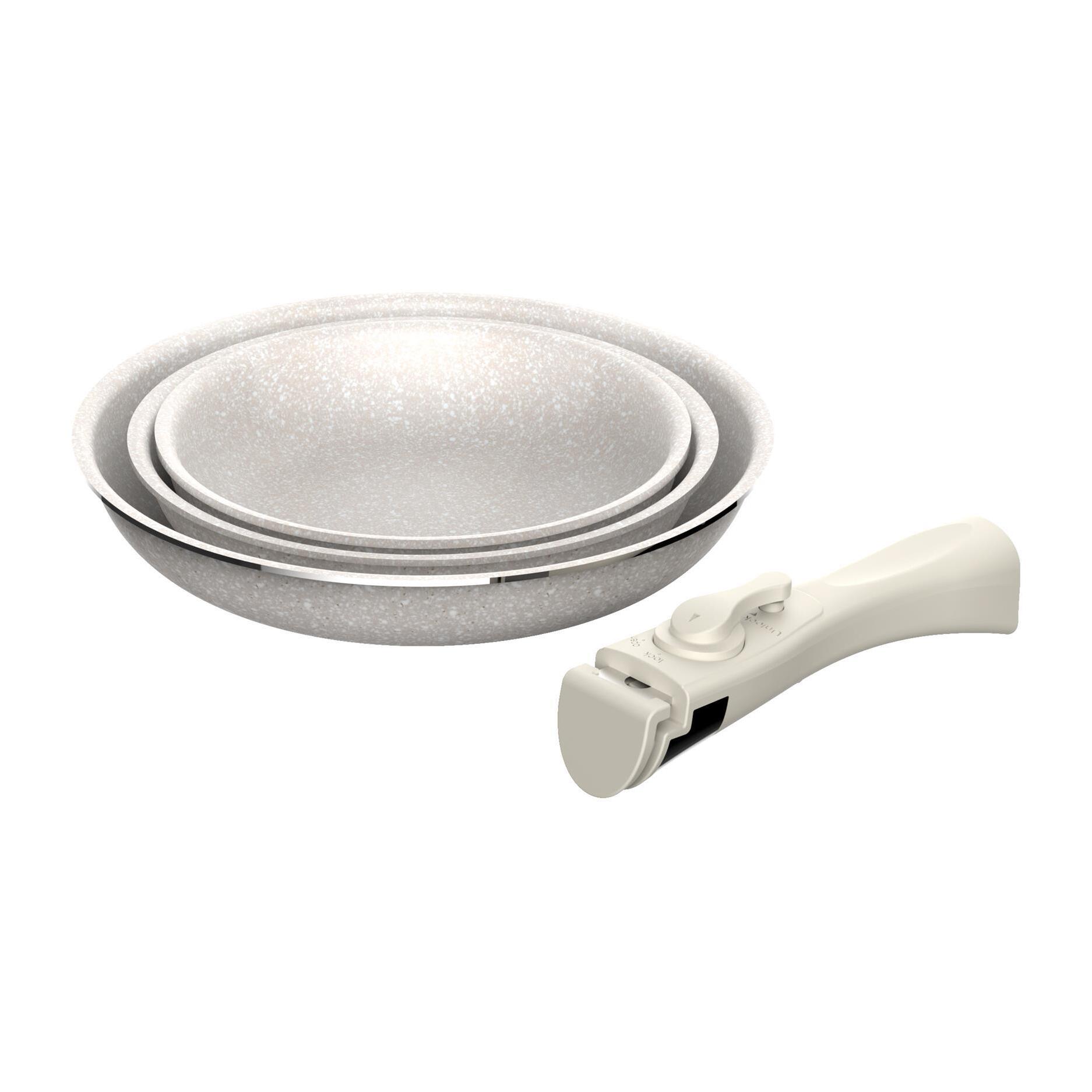 Juego de 3 sartenes ø18ø20ø24cm aluminio prensado,recubrimiento ilag antiadherente,mango extraíble,apto inducción,sin pfoa,apto lavavajillas y horno