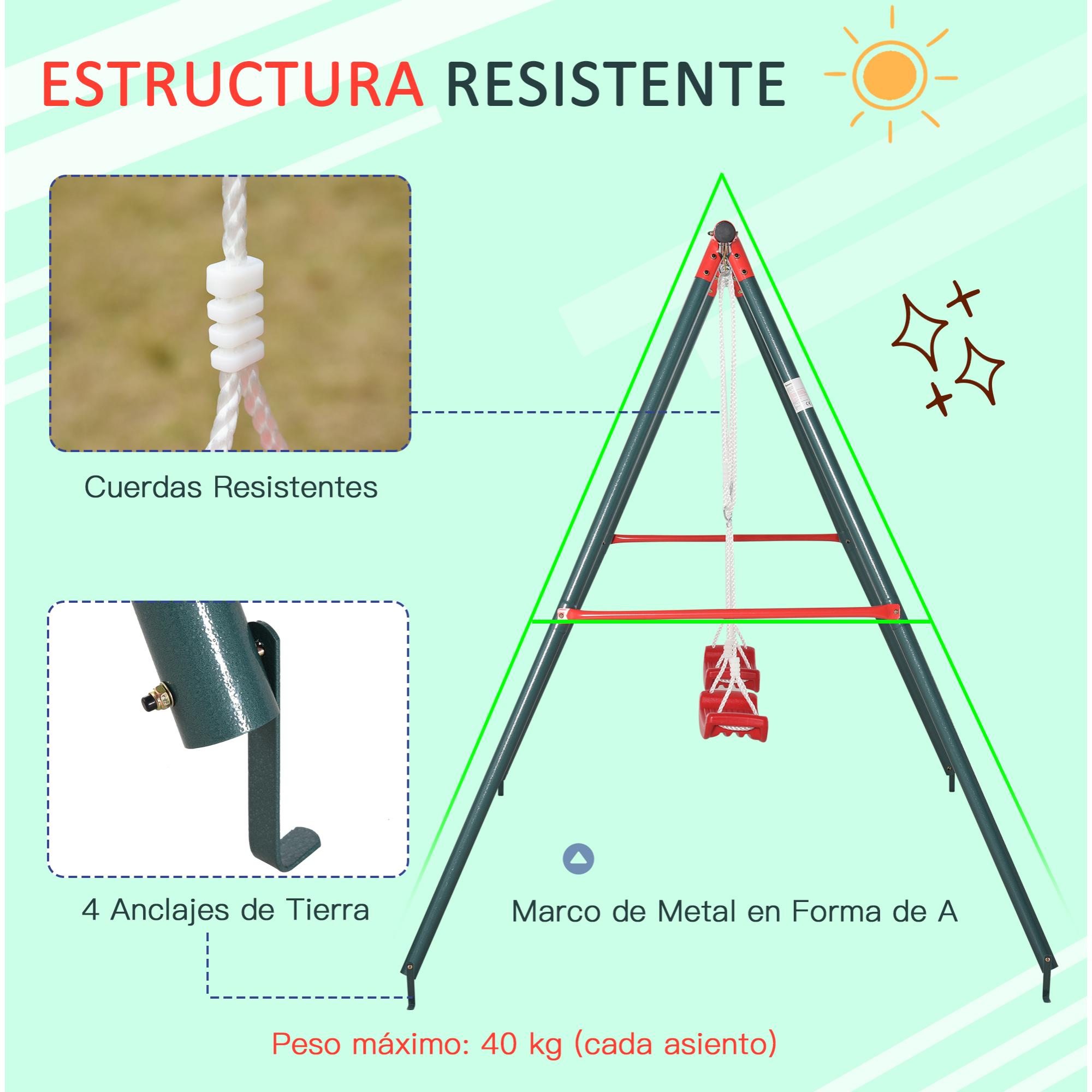 Columpio Doble para Niños +3 Años con Cuerdas Ajustables Carga 40kg Exterior