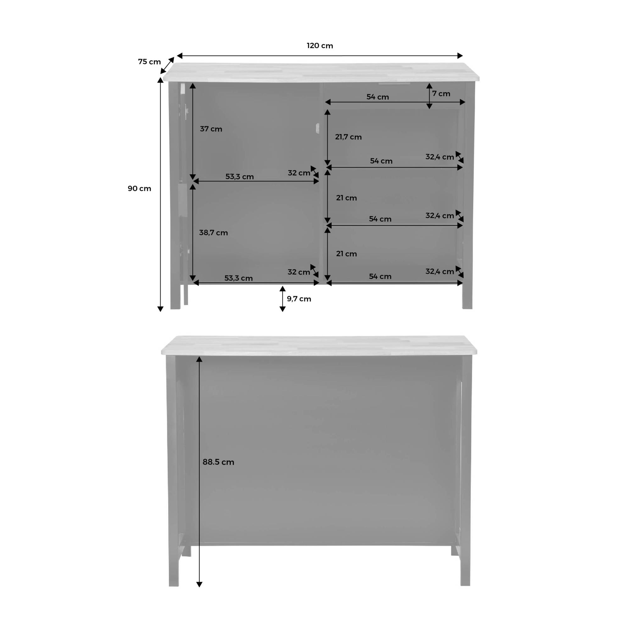 Îlot central de cuisine MOLENE. plateau en bois d'hévéa. 120x75cm. noir. 5 étagères. 1 porte. 1 tiroir. L 120 x P 75 x H 90cm