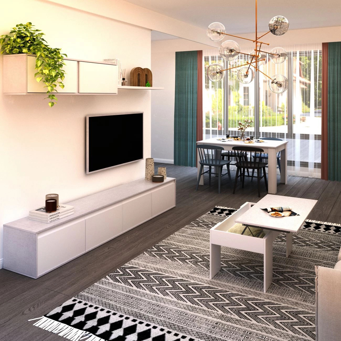 Pack salón con mesa de centro y mesa de comedor Arlet Max V2B Blanco Artik (Blanco Mate) - Gris Cemento