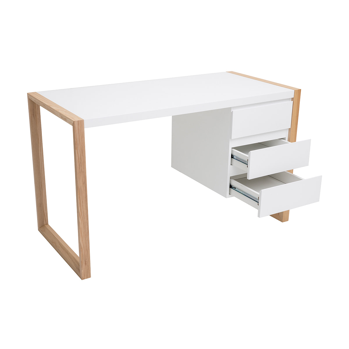 Bureau avec rangements 3 tiroirs scandinave blanc mat et bois clair frêne massif L130 cm ARMEL