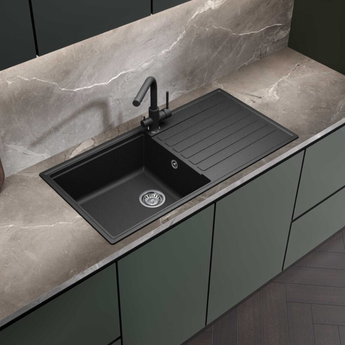 100x50 cm évier avec égouttoir réversible en Granite, à encastrer, noir (SATSINKGQK103B)