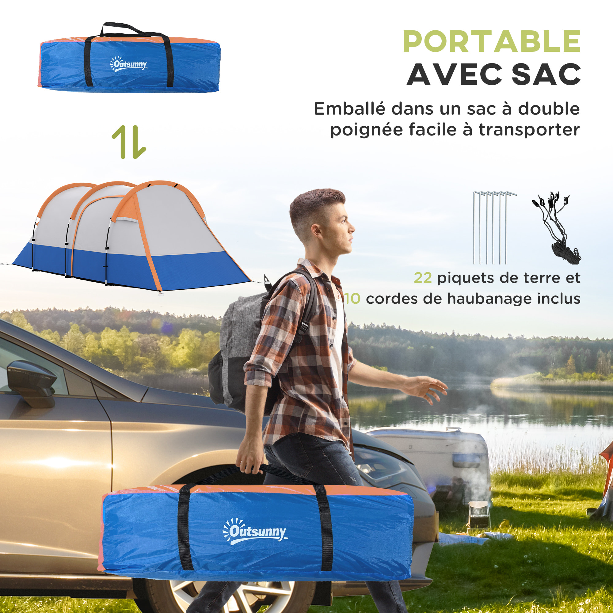 Tente de camping 2-3 pers. porche étanche 2000 mm 3 portes sac de transport orange