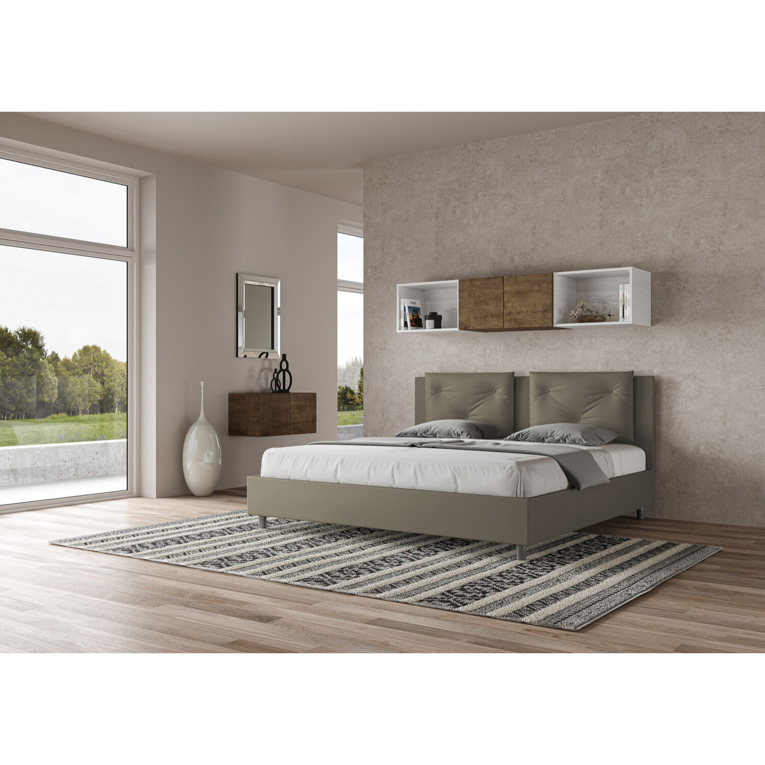 Cama con almacenaje acolchada 180x200 cuero sintético capuchino Appia