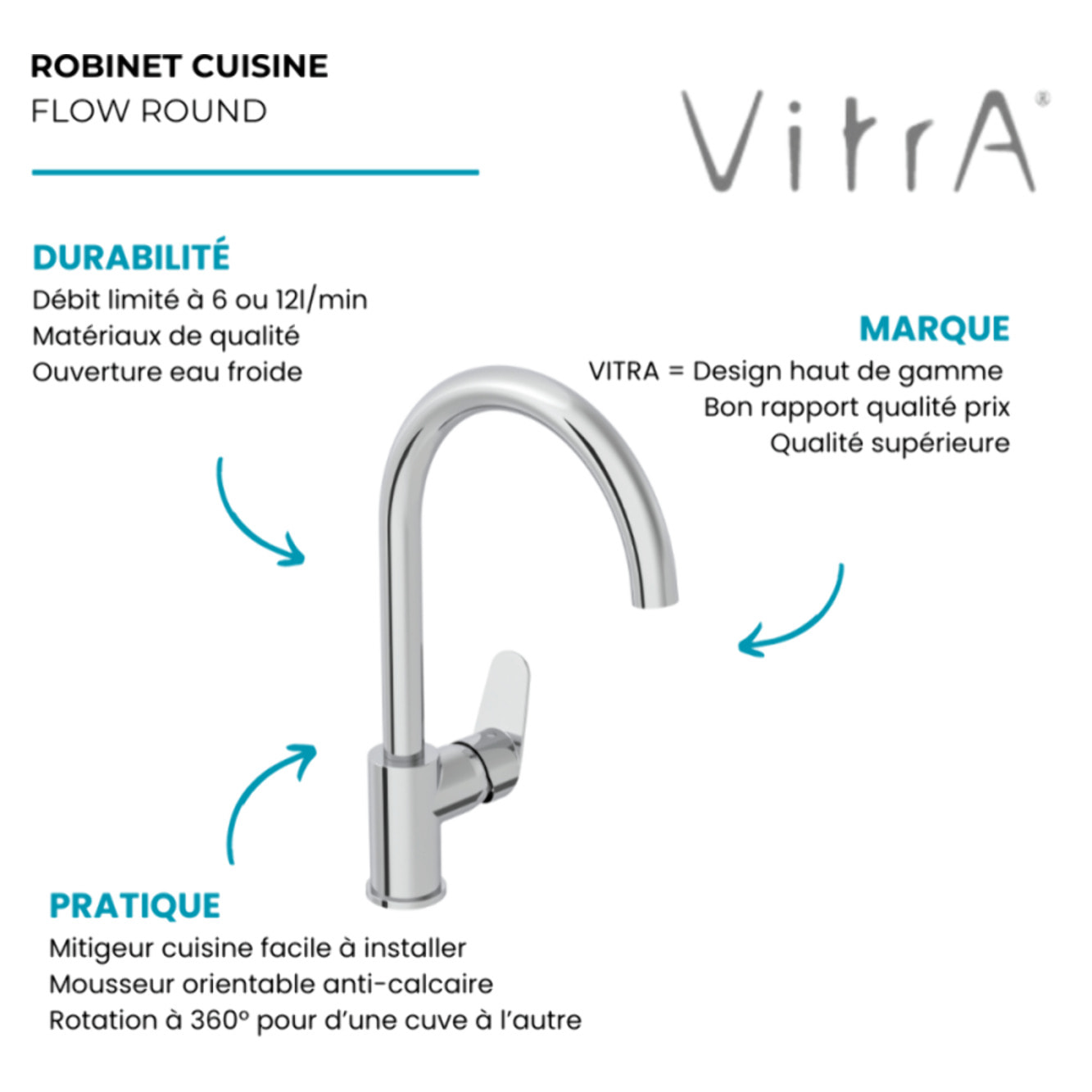 Robinet de cuisine bec haut Flow Round Chromé
