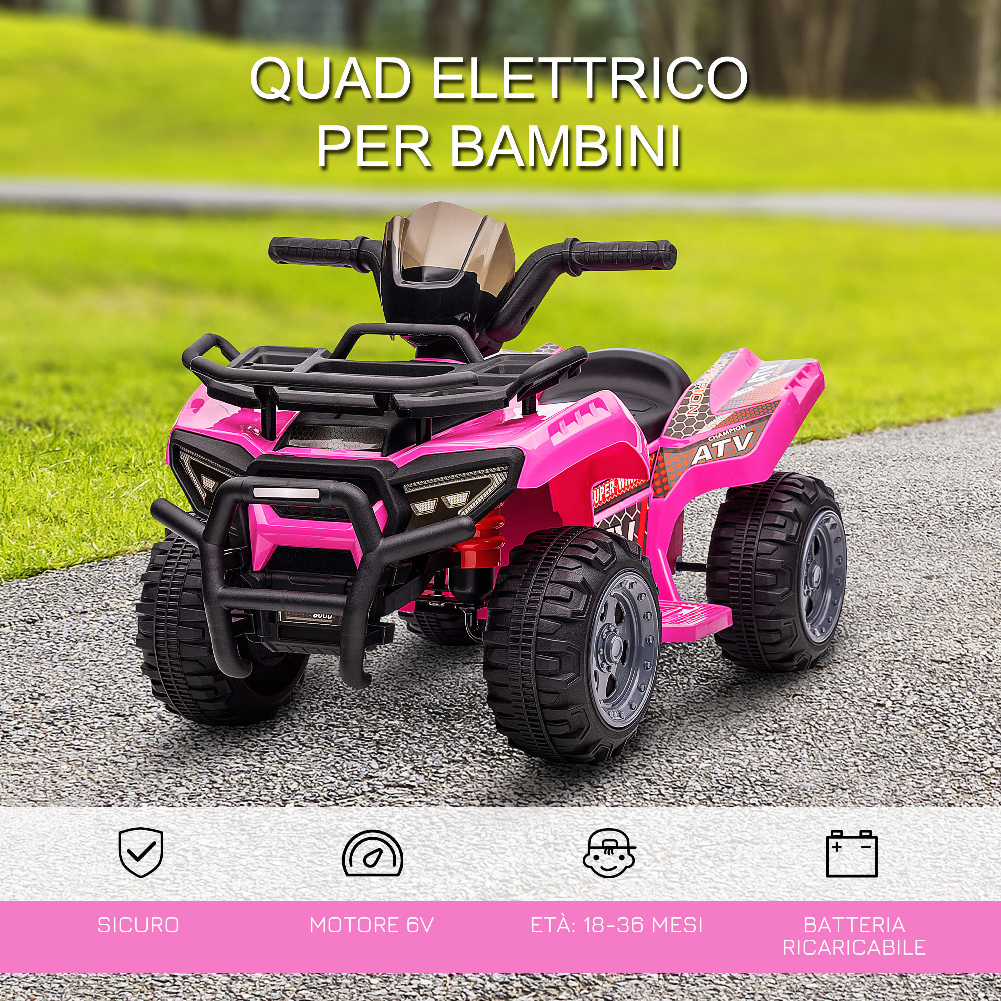 HOMCOM Quad Elettrico per Bambini 18-36 Mesi con Batteria Ricaricabile 6V, in Metallo e PP, 70x42x45 cm, Rosa