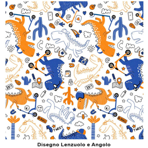 Parure Copripiumino Dino per letto singolo in 100% Cotone e Made in Italy, dinosauri divertenti