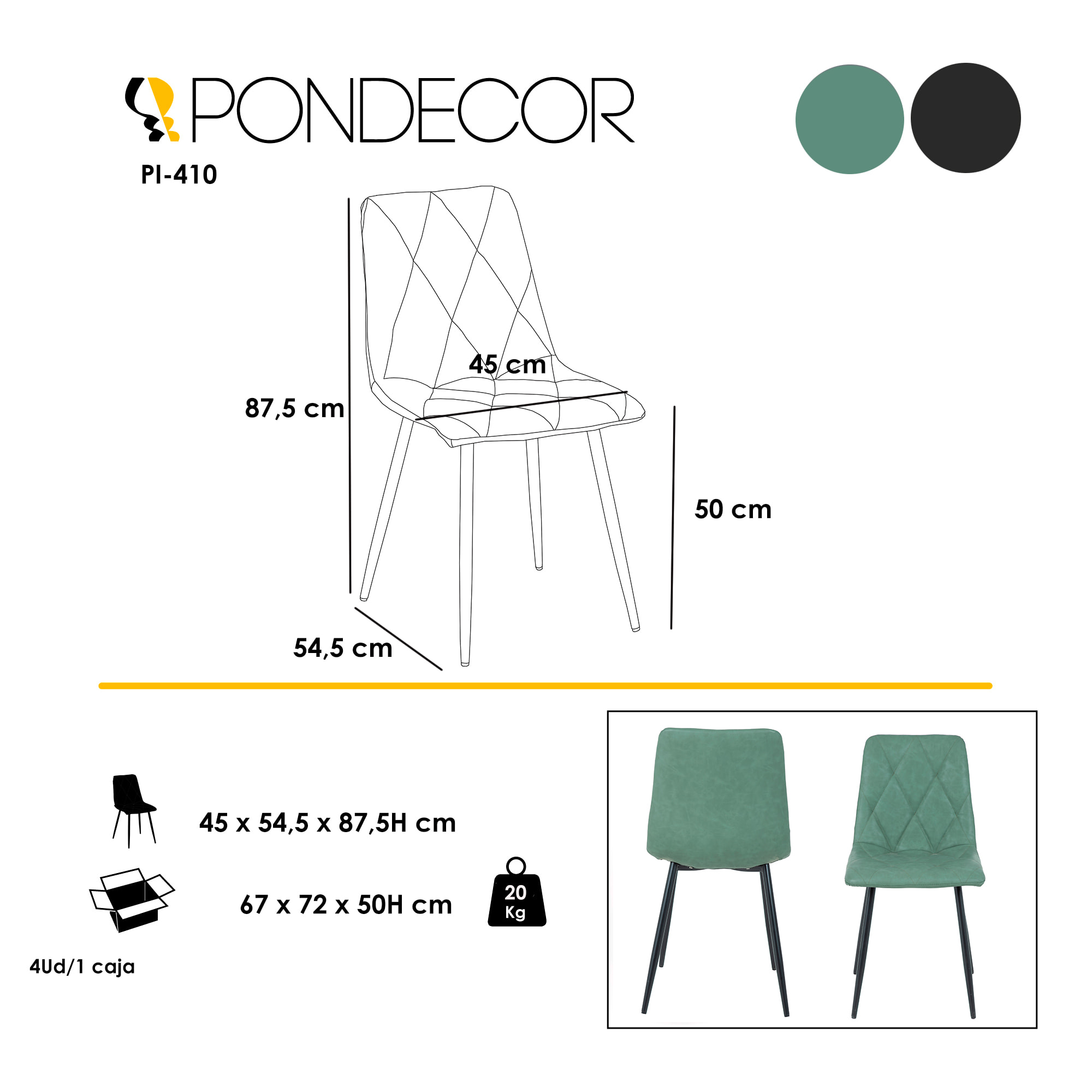 Set 4 sillas AVA - polipiel verde, negro mate - 54x45x88cm