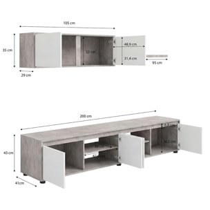 Salón con mueble de TV y estantería en gris cemento y blanco artik 200 cm Arlet Gris cemento - Blanco Artik (Blanco Mate)