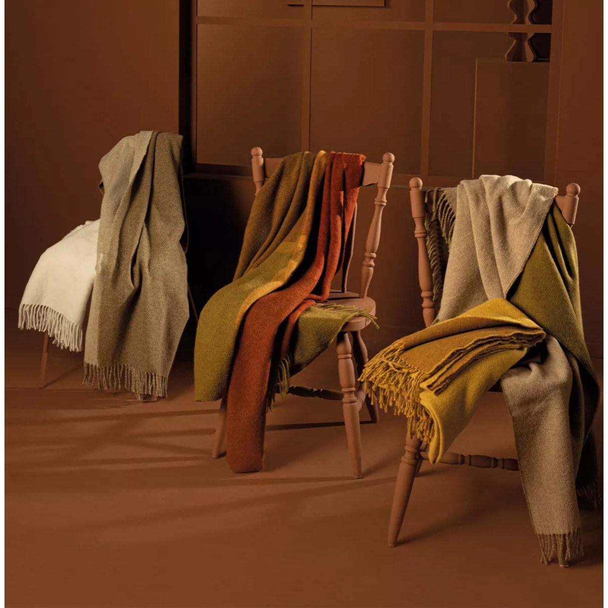 Plaid laine & autres fibres uni jaune marron Duetto mordore