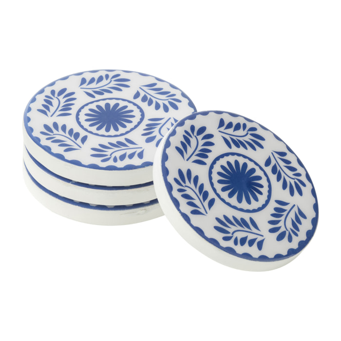 J-Line dessous de verre Fleurs - bois - bleu/blanc - set de 4