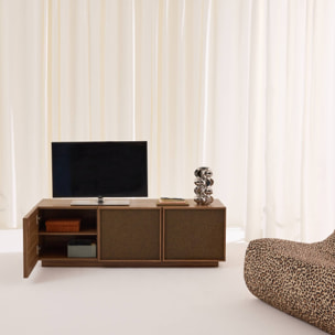 Meuble TV décor bois et tissu 3 portes 140cm KUBA
