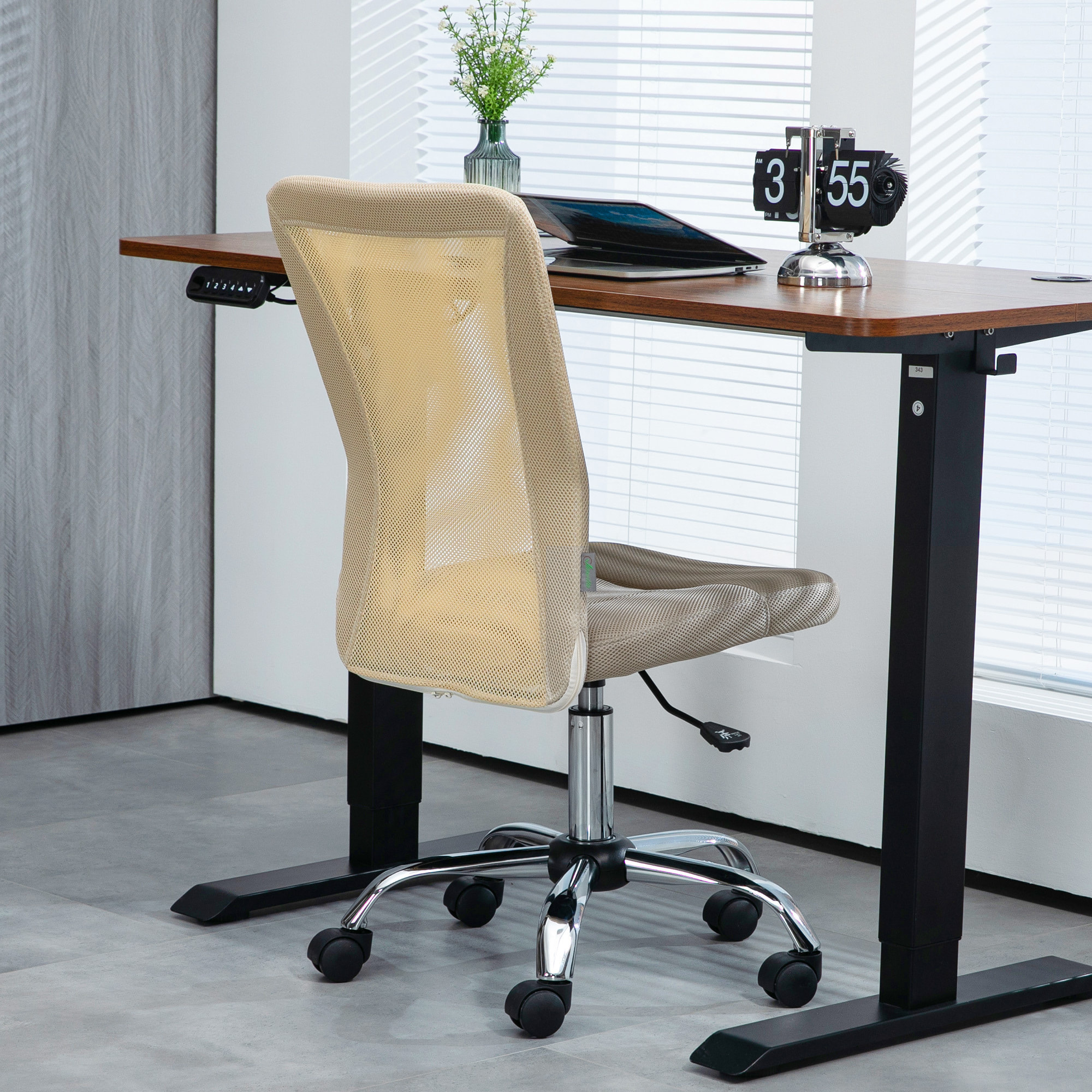 Silla de Oficina de Malla Silla de Escritorio Giratoria sin Brazos con Altura Ajustable Carga 100 kg para Estudio Despacho 43x58x90-100 cm Beige