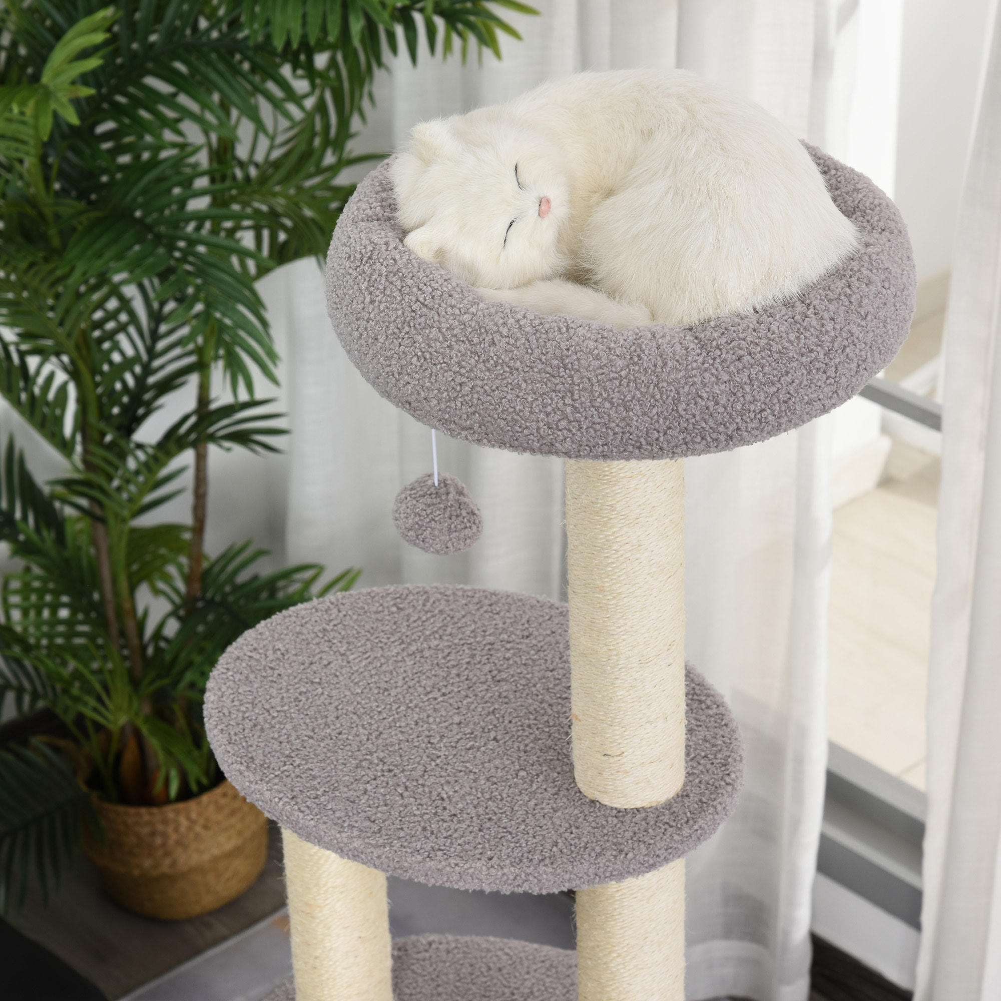 PawHut Arbre à Chats avec Griffoir Niche Poteaux Peluche Haute Densité 45L x 40L x 148H cm Gris