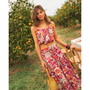 Falda midi con canesú y fruncidos