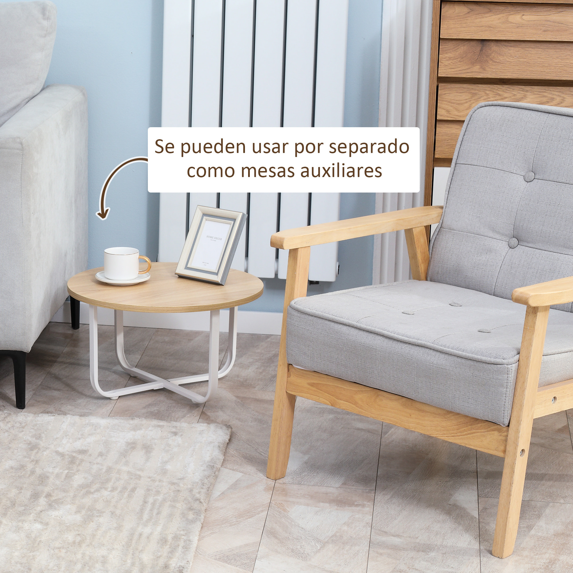 Juego de 2 Mesas de Centro Ø65x32 cm y Ø45x26 cm con Encimera de Madera Natural