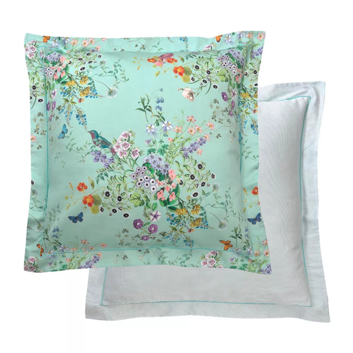 Taie d'oreiller satin de coton 115 g/m² imprimé bleu vert Le printemps azur