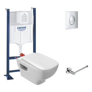 Pack WC suspendu sans bride Struktura + Bati-support GROHE + plaque Start chrome + porte-rouleau rond