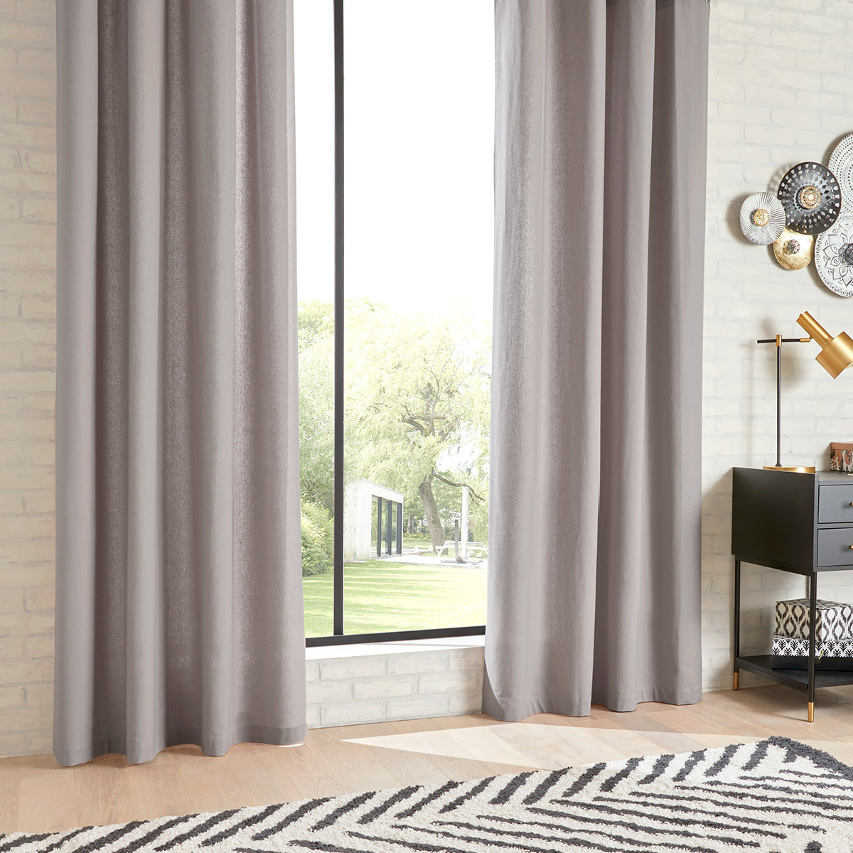Rideau "Anjali" en coton & métal 135x240cm gris clair