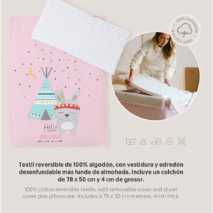 Minicuna con textil Tipi Oso Rosa