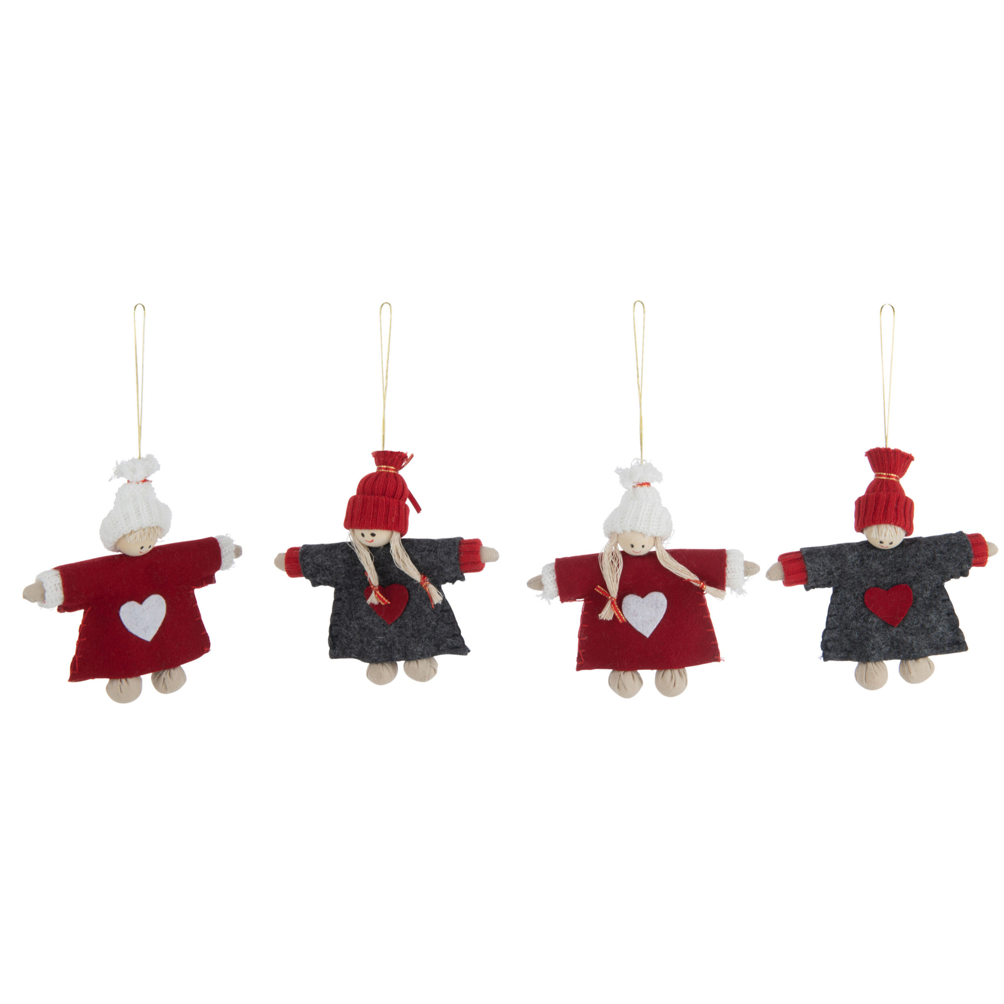 J-Line suspension de Noël Poupée Garcon/Fille + Bonnet - bois/feutrine - rouge/gris - 4 pcs