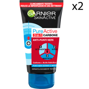 2x Trattamento Viso 3in1 Detergente Scrub Maschera Anti Punti Neri SkinActive Pure Active con Carbone ed Acido Salicilico - 2 Flaconi da 150ml