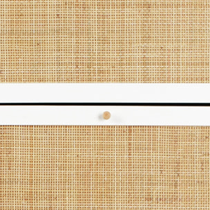 Meuble à chaussures blanc. 3 abattants en cannage. Bohème.  L 75 x P 26 x  H 131cm