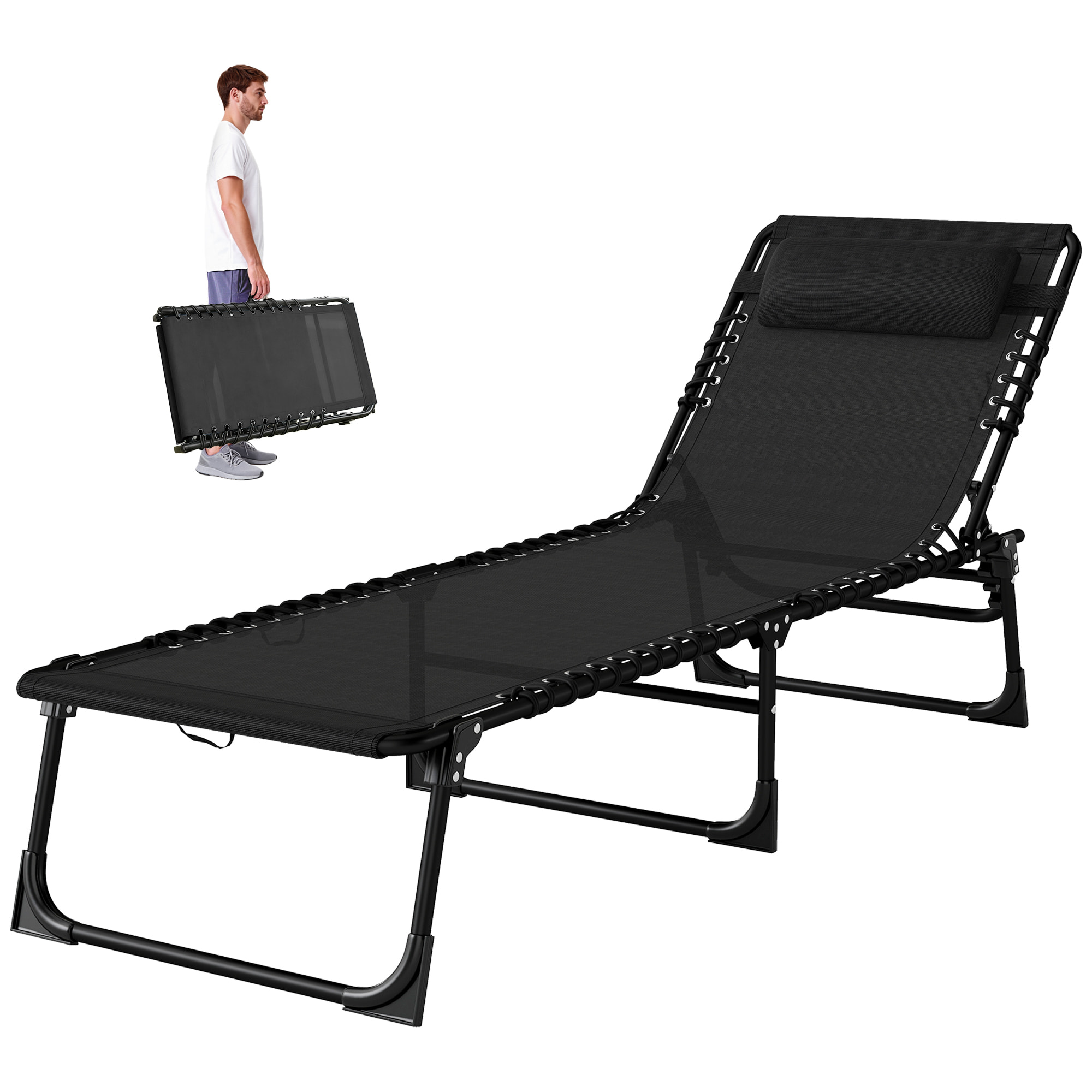 Bain de soleil transat pliable dossier inclinable multi-positions acier thermoplastique lacets élastiques noir textilène noir