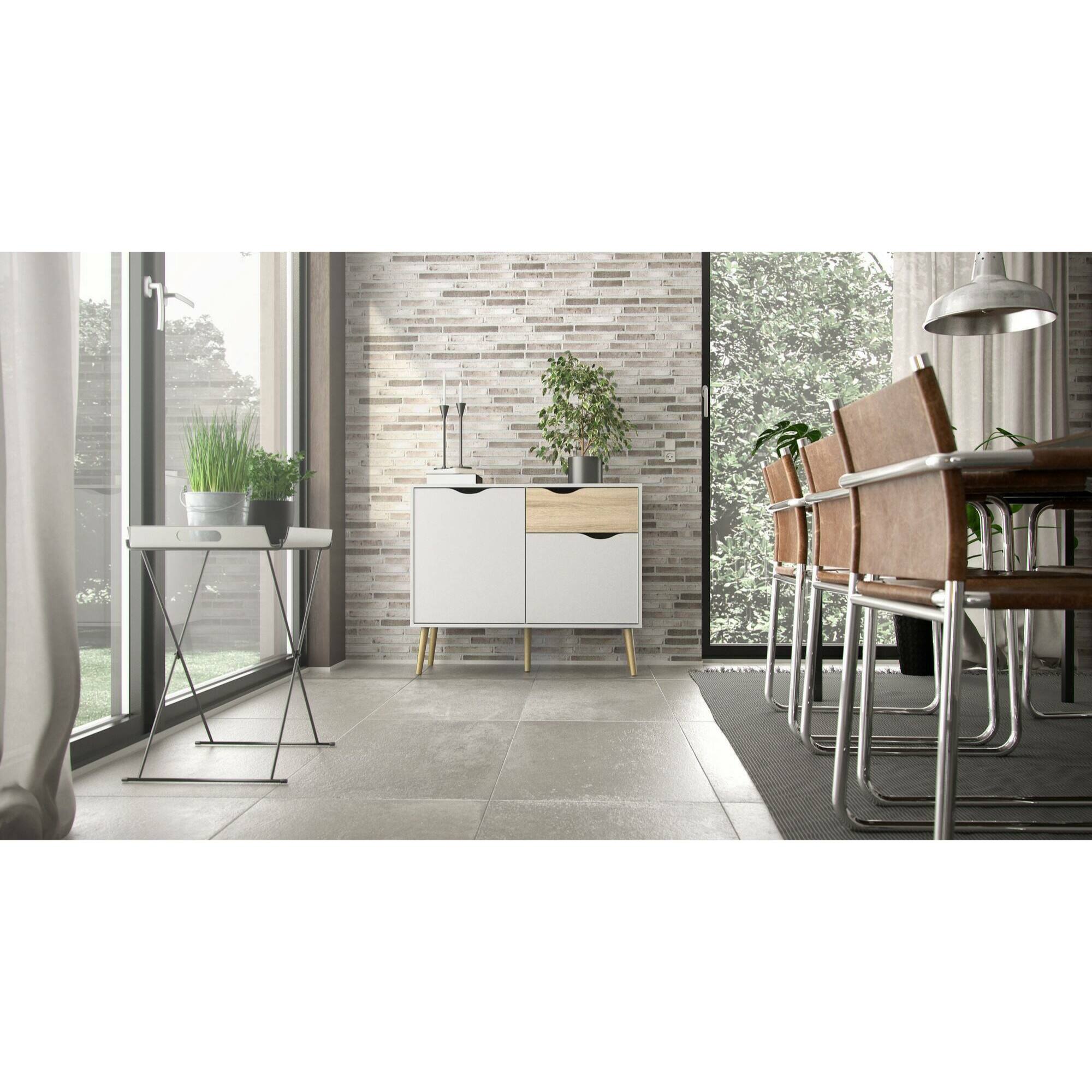 Credenza a due ante e un cassetto, colore bianco e rovere, Misure 98 x 81 x 39 cm