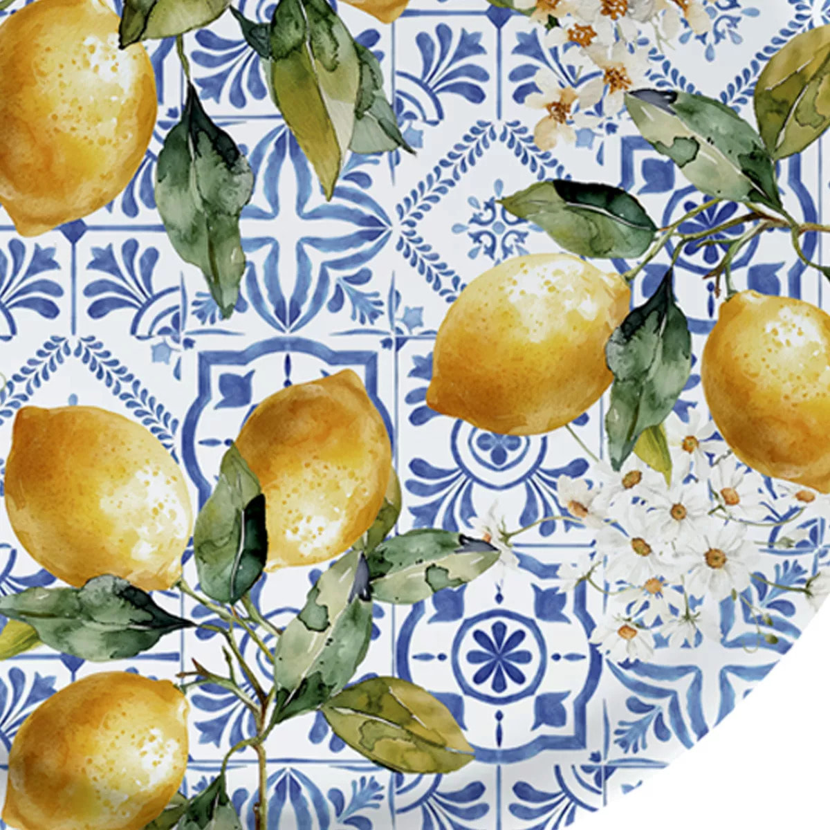 Plateau bois imprimé jaune vert Citrons azulejos bleu