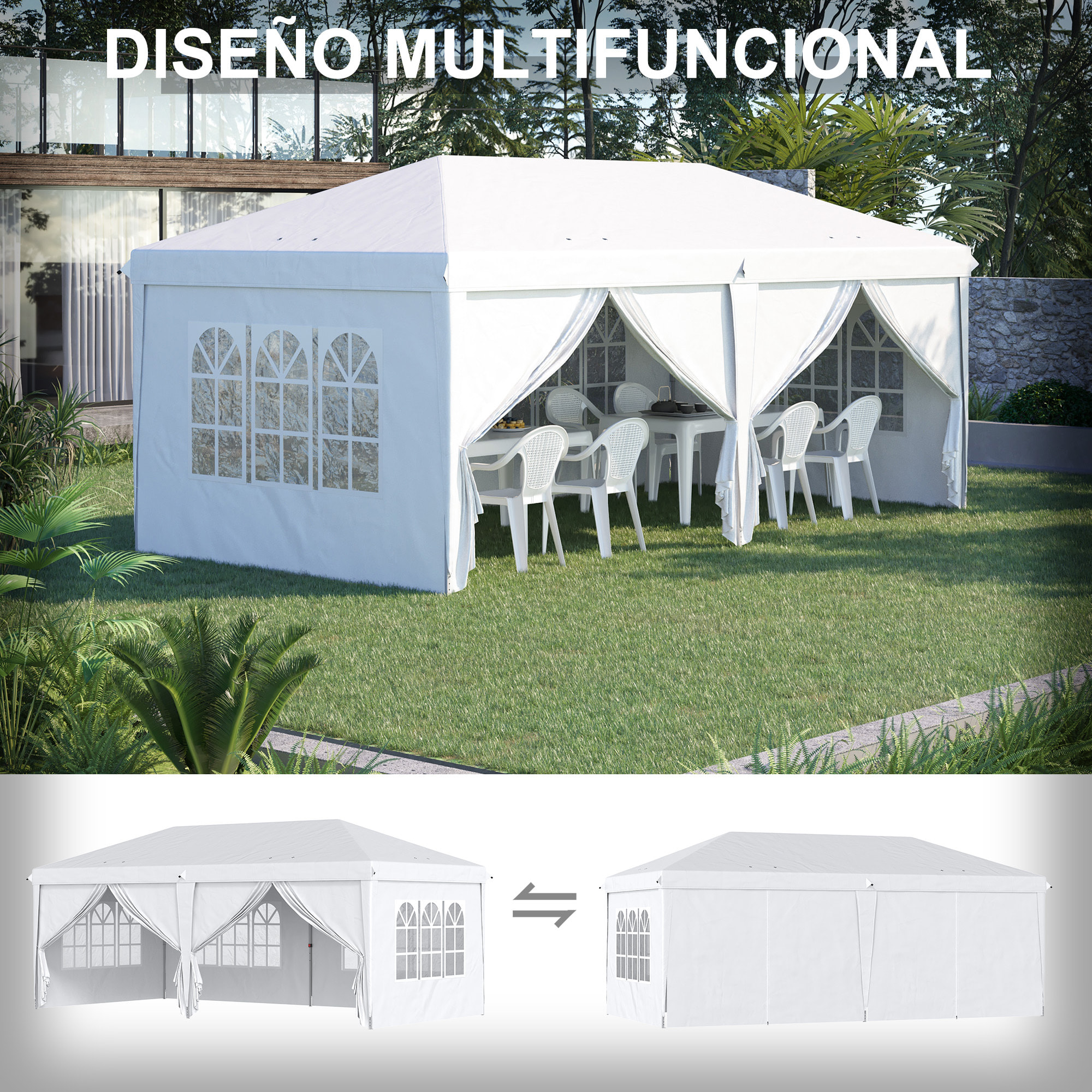 Carpa Plegable 5,85x2,95x2,7 m Cenador de Jardín Gazebo Plegable con 4 Paneles 4 Ventanas 2 Puertas con Cremallera 1 Bolsa Anti-UV para Terraza Patio Playa Blanco