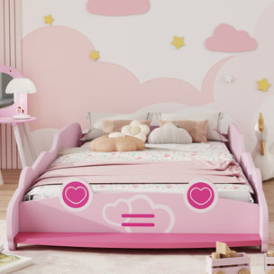 Cama Infantil 70x140 cm, Forma de Coche, Cama para Niños con Barrera Anticaídas y Somier, para Niños y Niñas de 3-5 Años, Rosa