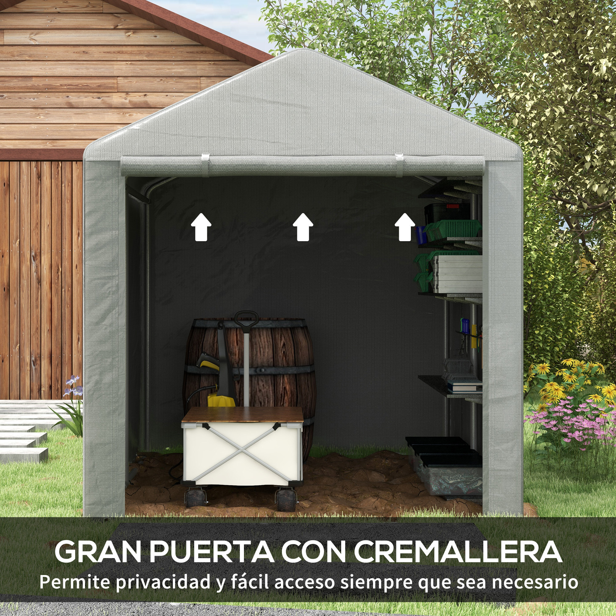 Carpa de Jardín Exterior para Herramientas Bicicletas 1,6x2,2x1,7 m, Cobertizo Exterior con 2 Habitaciones, Puerta Enrollable con Cremallera, Impermeable Anti-UV, Garaje Portátil, Gris Claro