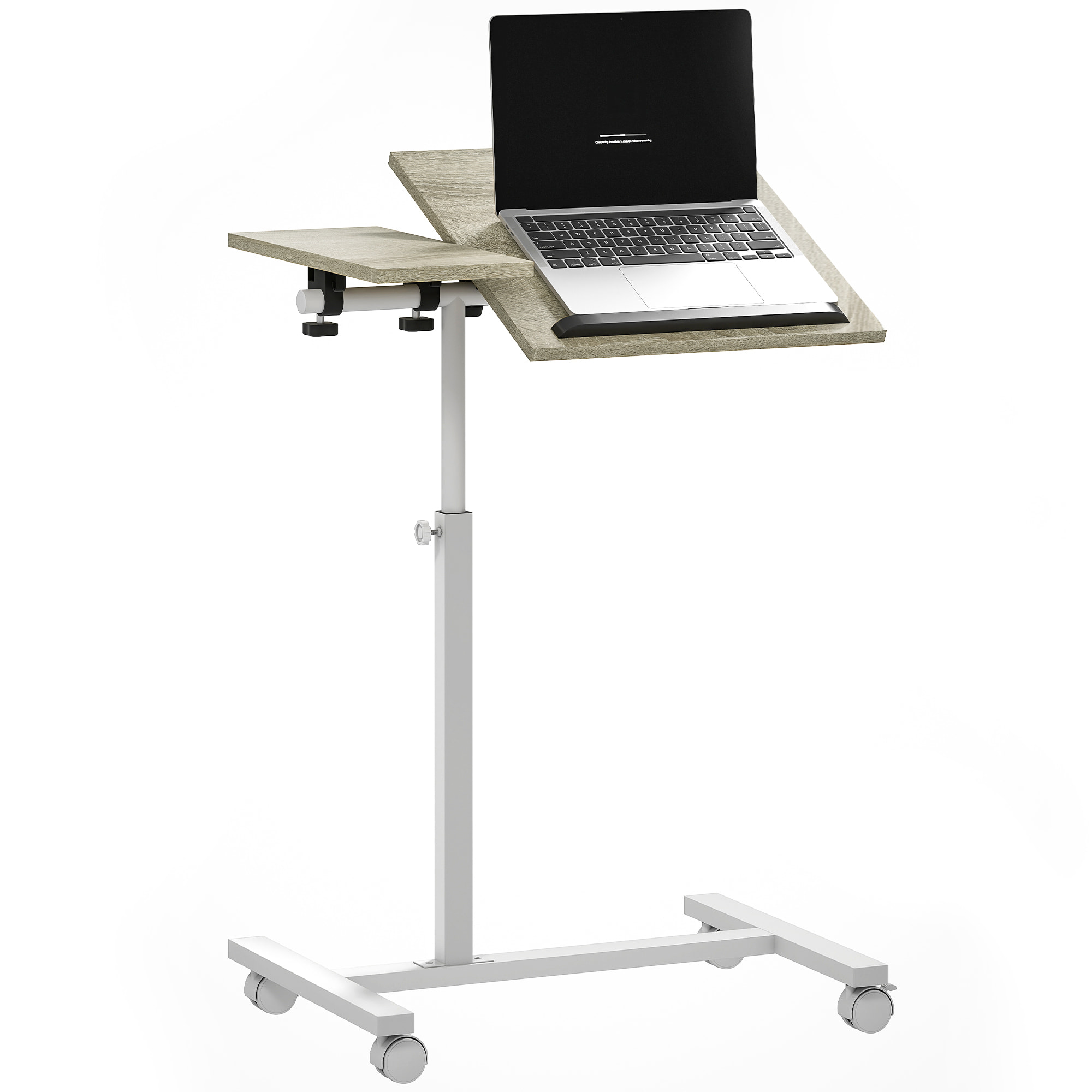 Mesa Auxiliar con Ruedas Mesa para Sofá con Altura Ajustable Superficie Inclinable y Marco de Metal para Dormitorio Salón Oficina 57x40x67,5-101 cm Roble y Blanco