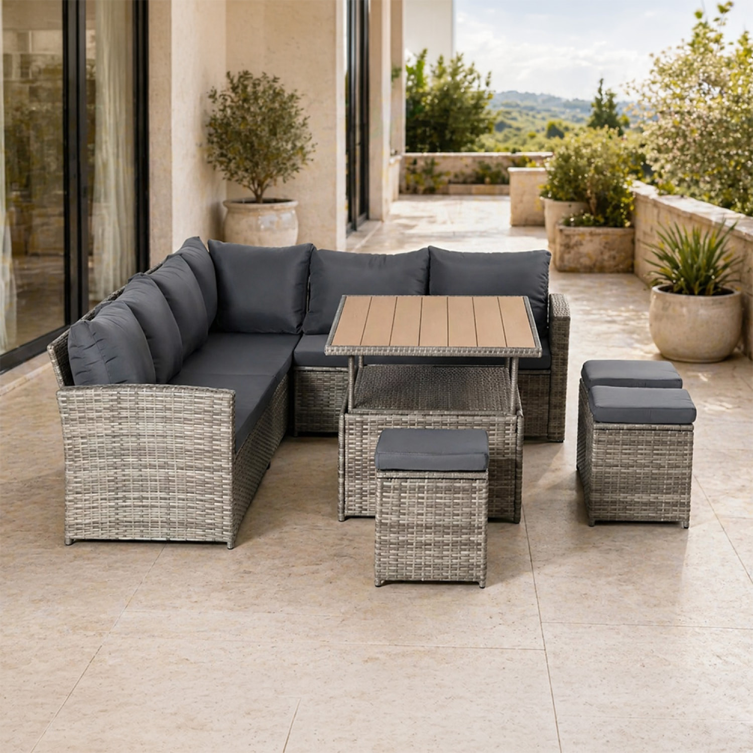 Salon de jardin modulable 9 places en résine tressée avec table relevable effet bois BELEM