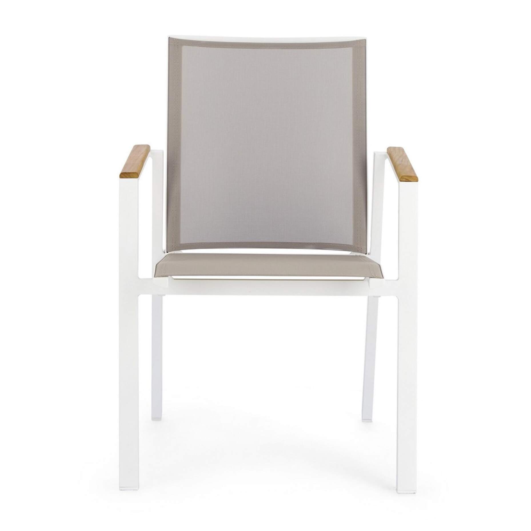 Set 4 sedie da giardino CAMERON in textilene grigio tortora con inserti in teak e struttura in alluminio bianco
