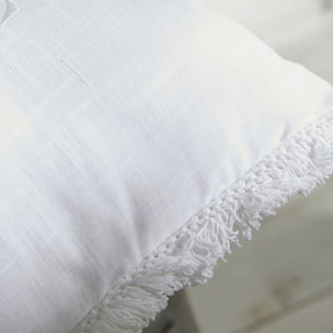 Coussin déhoussable finition franges coton uni CHARME blanc