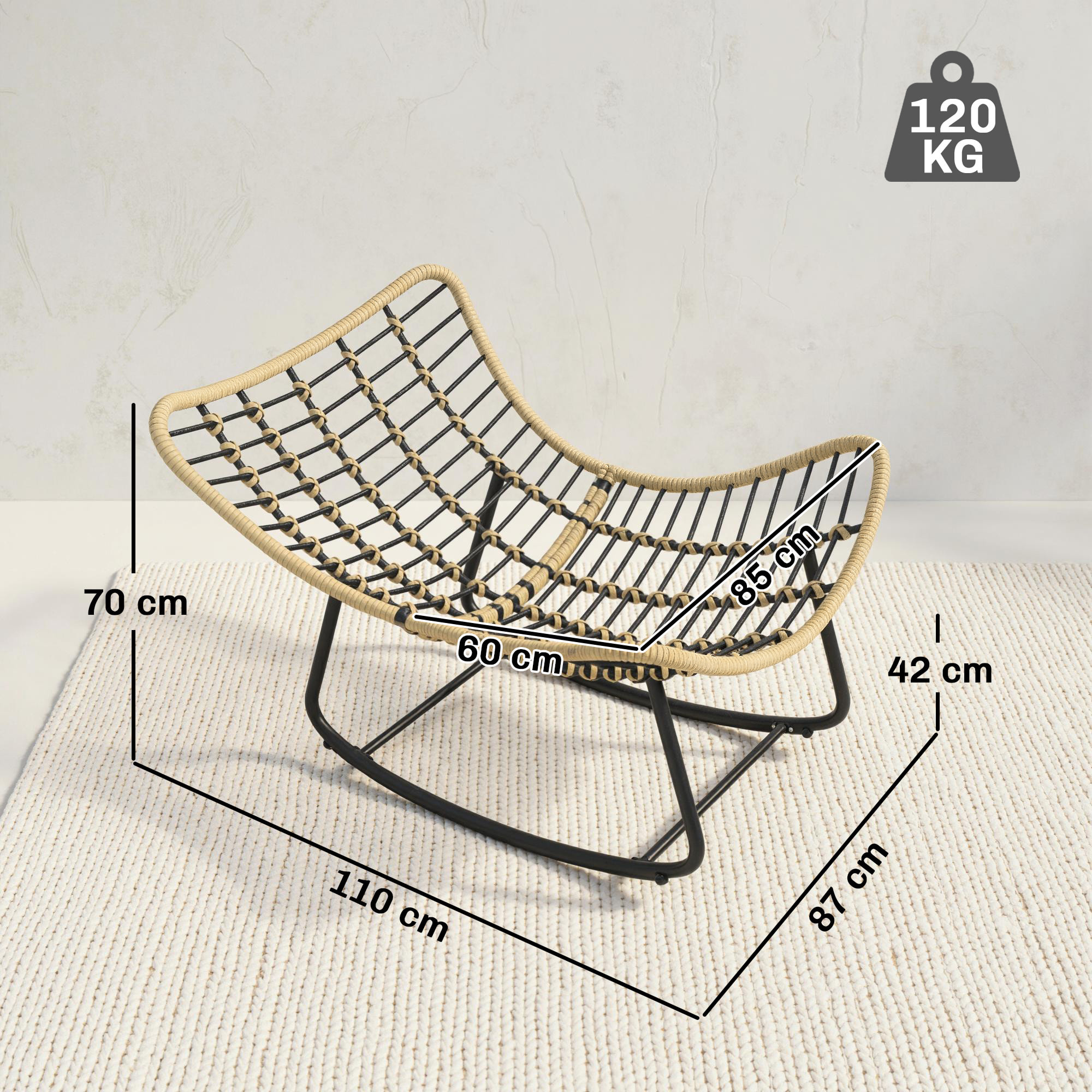 Fauteuil à bascule avec coussin design résine filaire effet rotin naturel métal noir
