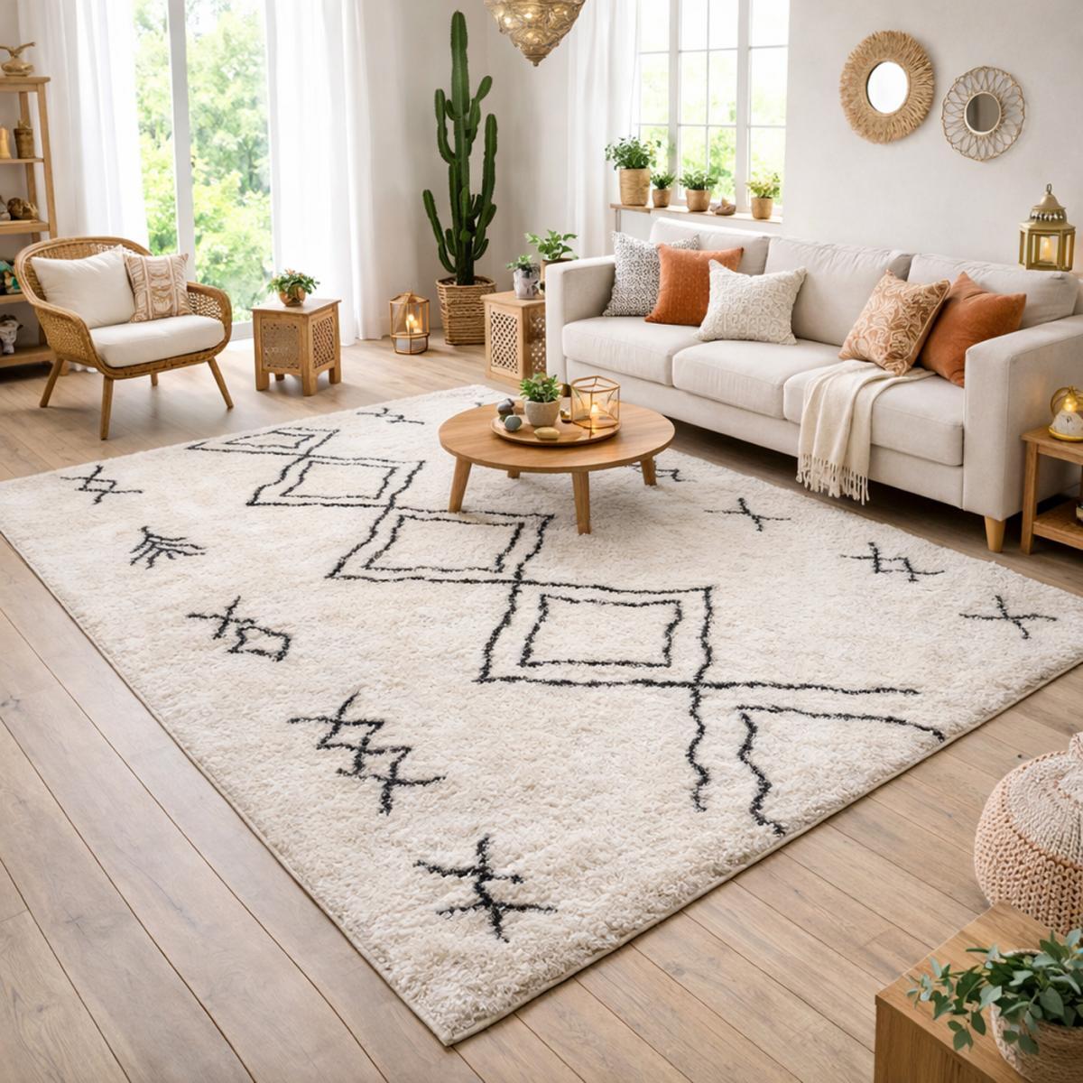 Tapis Shaggy longues mêches et aux motifs traditionnels Berbères
