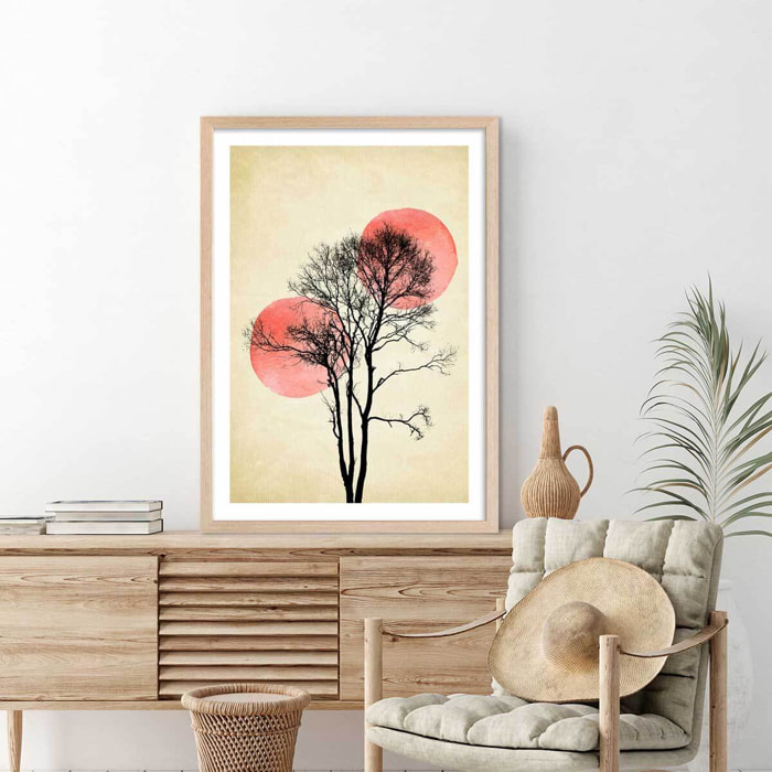 Affiche paysage Lune et soleil d'hiver Affiche + cadre en bois - Chêne