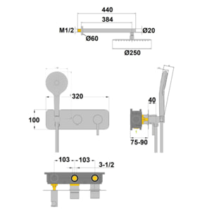 Colonne de douche mécanique encastré PAINI Cox epoxy Noir mat + douchette 3 jets + corps encastré