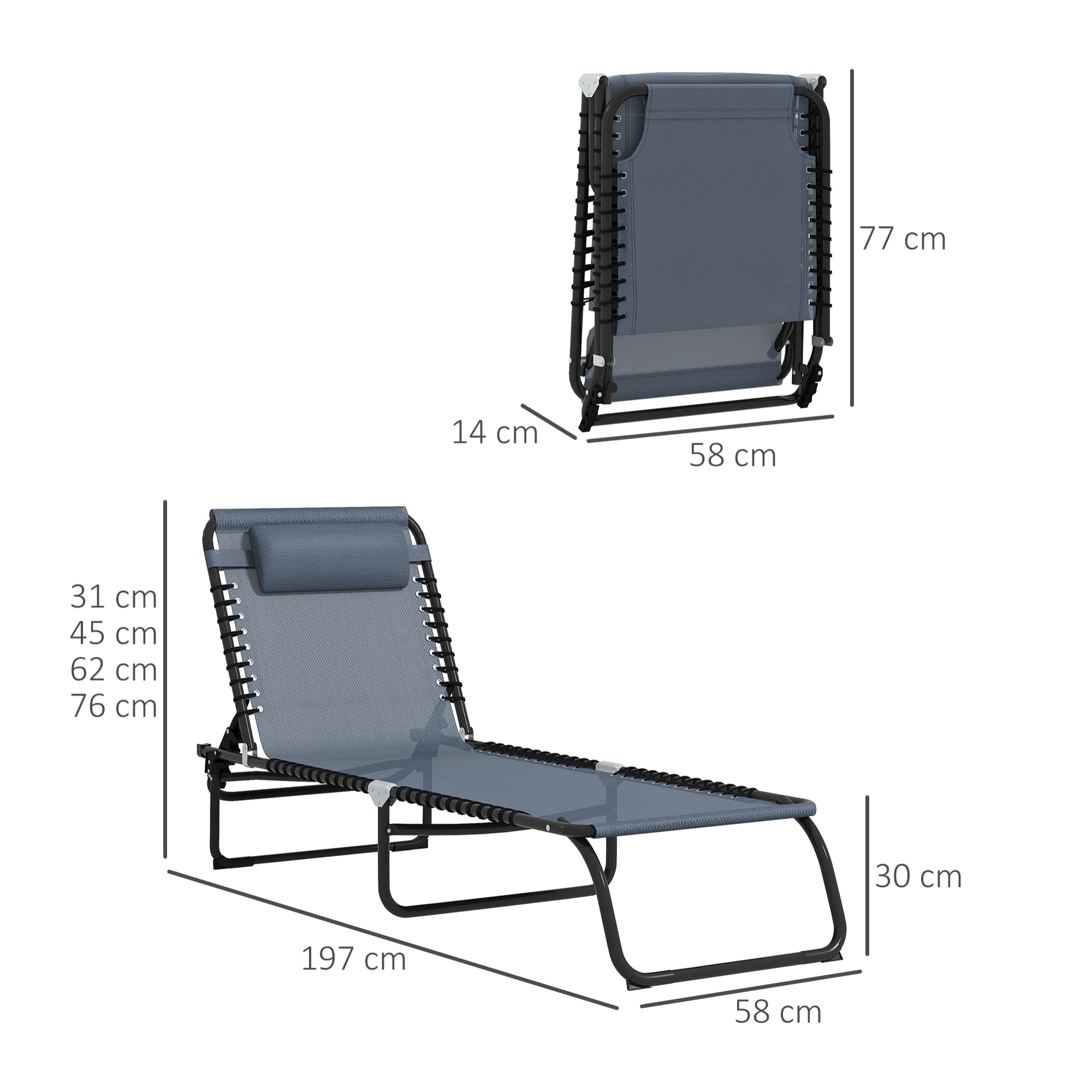 Conjunto de 2 Tumbonas Plegables Tumbonas de Jardín con Respaldo Ajustable en 4 Posiciones Carga 120 kg para Terraza Piscina Playa 197x58x30 cm Gris