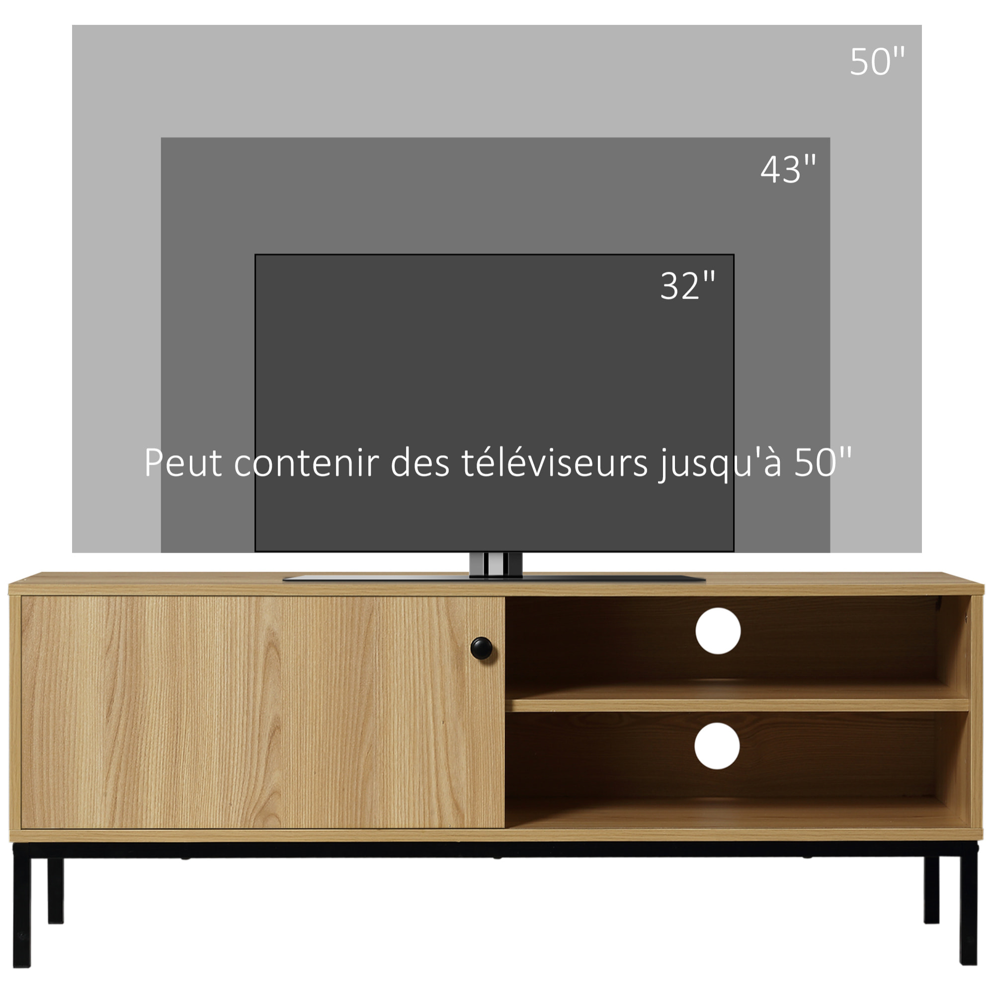 Meuble TV banc TV design industriel - porte coulissante, 2 niches, 2 passe-fils - piètement métal noir panneaux aspect bois clair