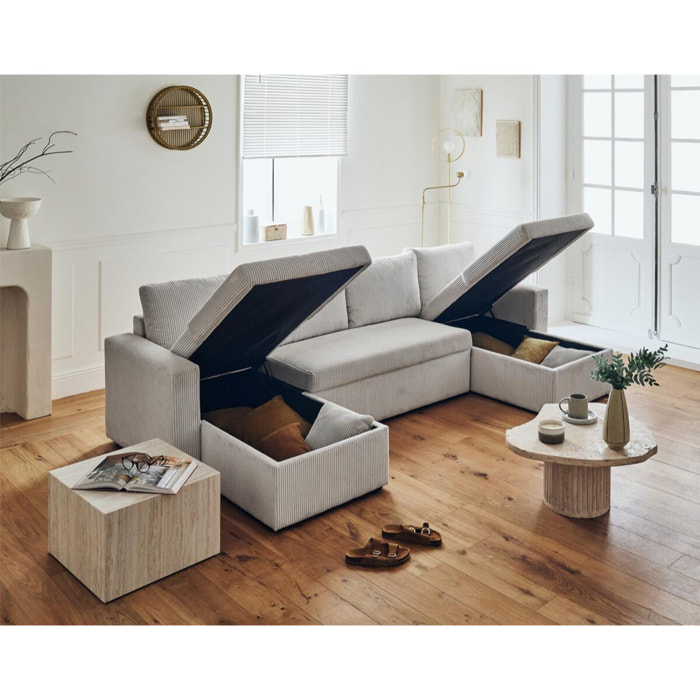 Cyrus - canapé panoramique en U - 7 places - convertible avec coffre - en velours côtelé - Gris clair