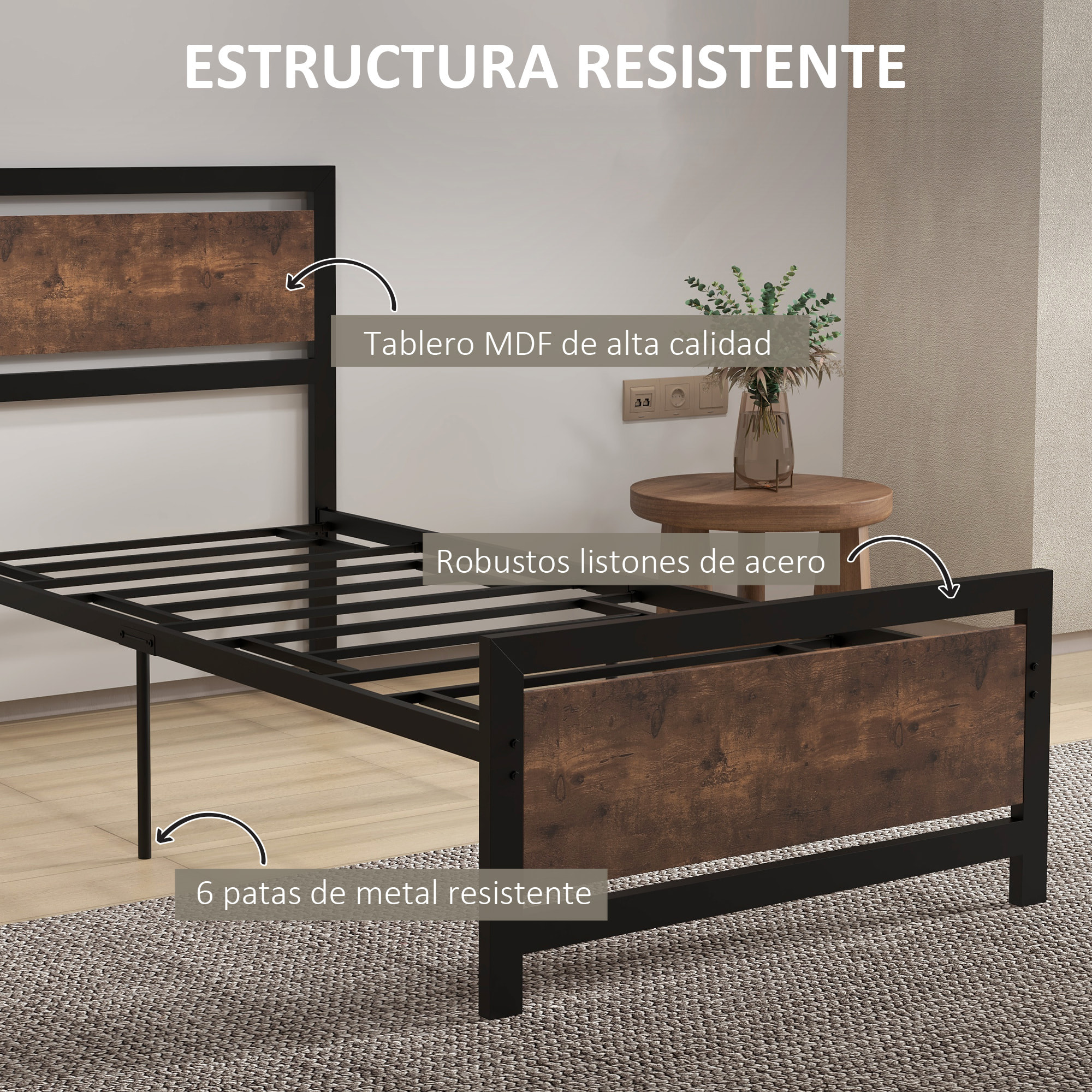 Marco de Cama de Acero Estructura de Cama Somier con Cabecera para Colchón 90x190 cm Carga 150 kg 97x195x103 cm Negro y Marrón