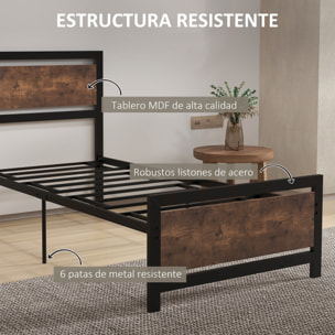 Marco de Cama de Acero Estructura de Cama Somier con Cabecera para Colchón 90x190 cm Carga 150 kg 97x195x103 cm Negro y Marrón