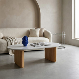 Table basse ovale bois d'hévéa plateau effet pierre GABRIELLE