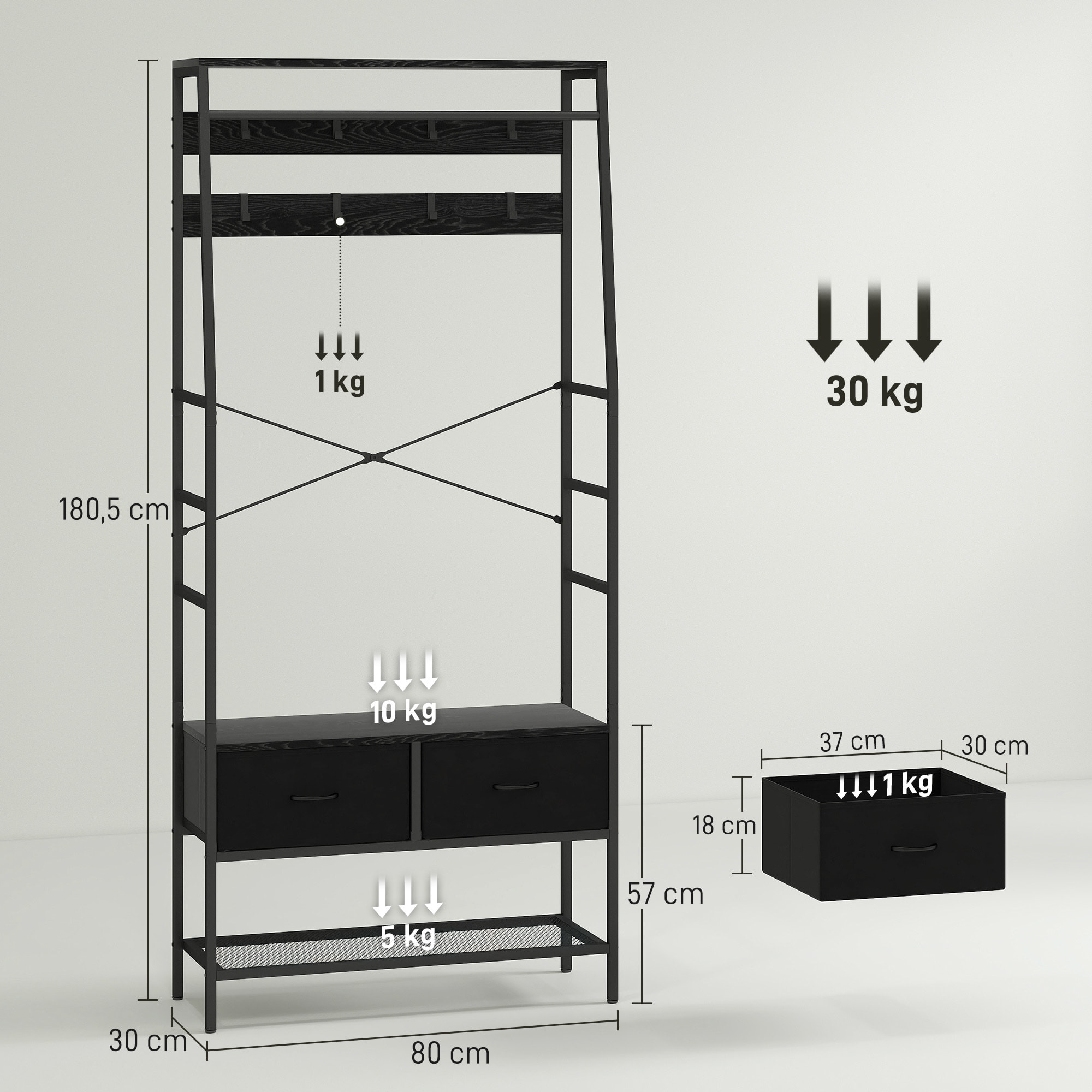 Porte-manteau vestiaire d'entrée style industriel multi-rangement dim. 80 x 30 x 180 cm noir