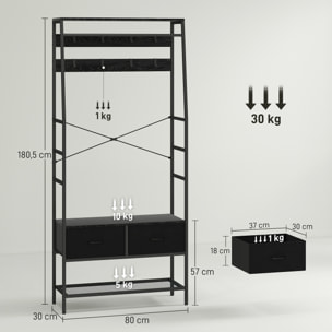 Porte-manteau vestiaire d'entrée style industriel multi-rangement dim. 80 x 30 x 180 cm noir
